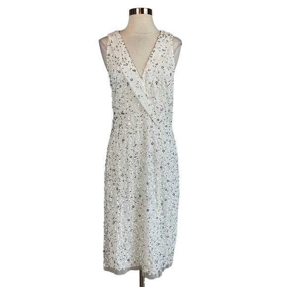 Adrianna Papell Sequined Sleeveless V-Neck Sheath Cocktail Dress White Size 6 - Picture 2 of 13
